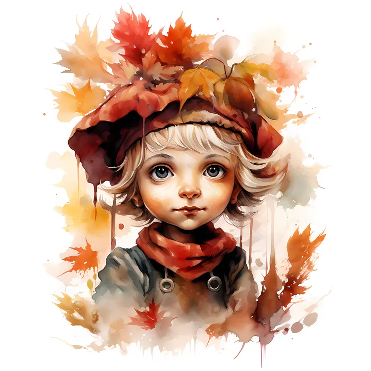 Child with Autumn Leaves and Red Hat Illustration