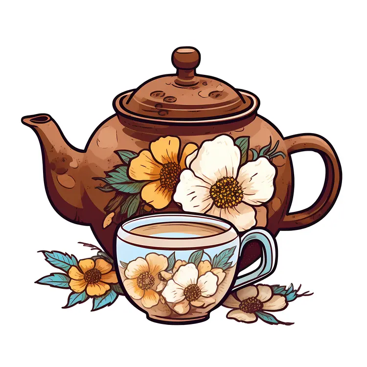 Floral Teapot and Teacup Illustration