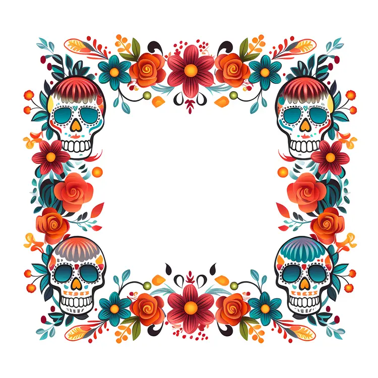 Festive Skull and Flowers Decorative Frame for Day of the Dead
