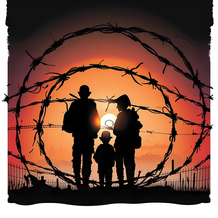 Family Behind Barbed Wire at Sunset
