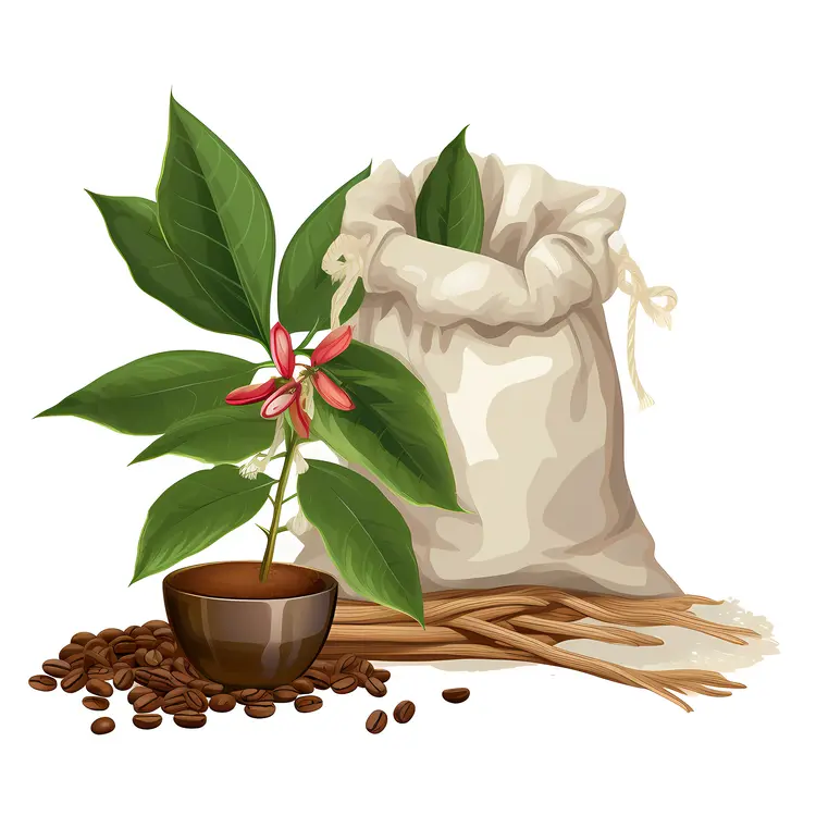 Coffee Beans and Sack with Coffee Plant