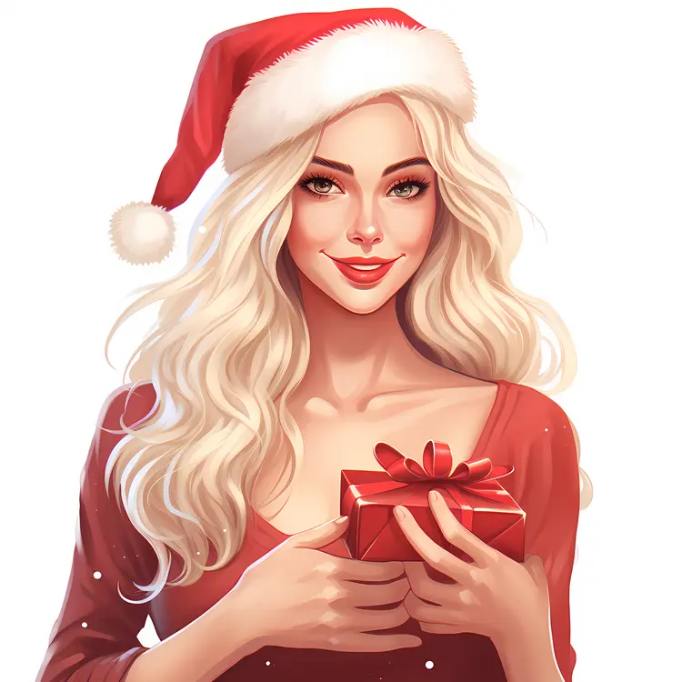 Girl Holding Gift Box with Santa Hat