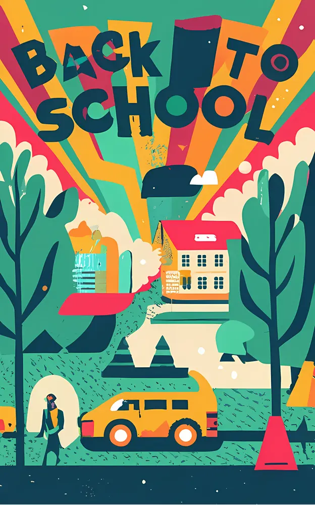 Colorful Back to School Poster with School Bus and Trees