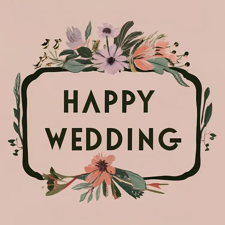 Happy Wedding Text with Pink Background and Floral Frame