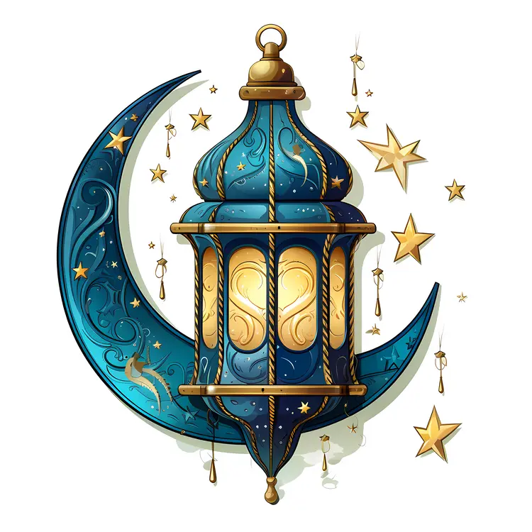 Blue Lantern and Moon with Stars