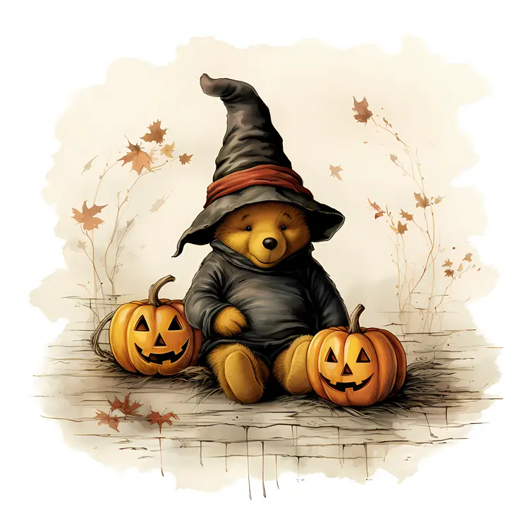 Cute Bear in Witch Hat with Pumpkins