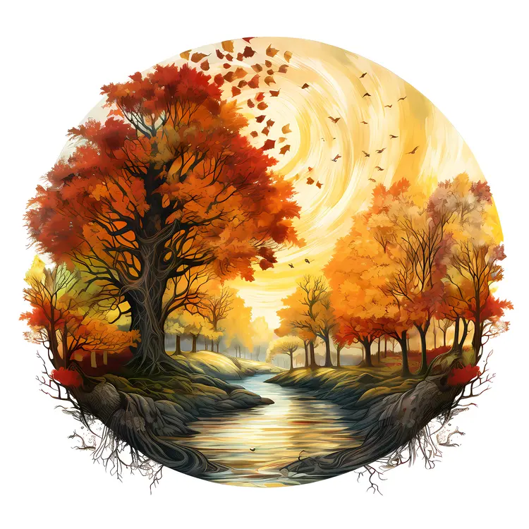 Red Tree by River in Autumn