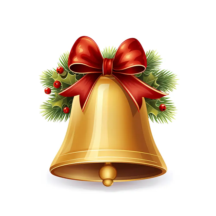 Golden Bell with Red Bow and Holly Leaves