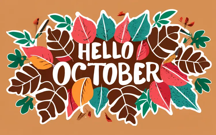 Hello October Typography with Colorful Leaves
