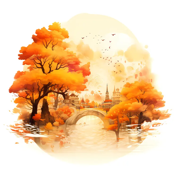 Autumn Landscape with Trees and Bridge