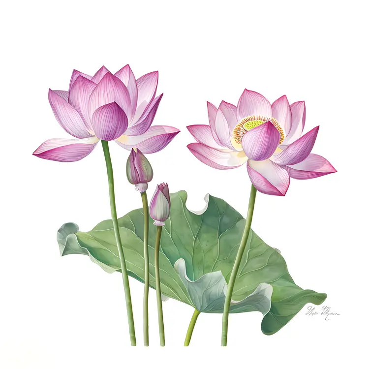 Beautiful Pink Lotus Botanical Illustration