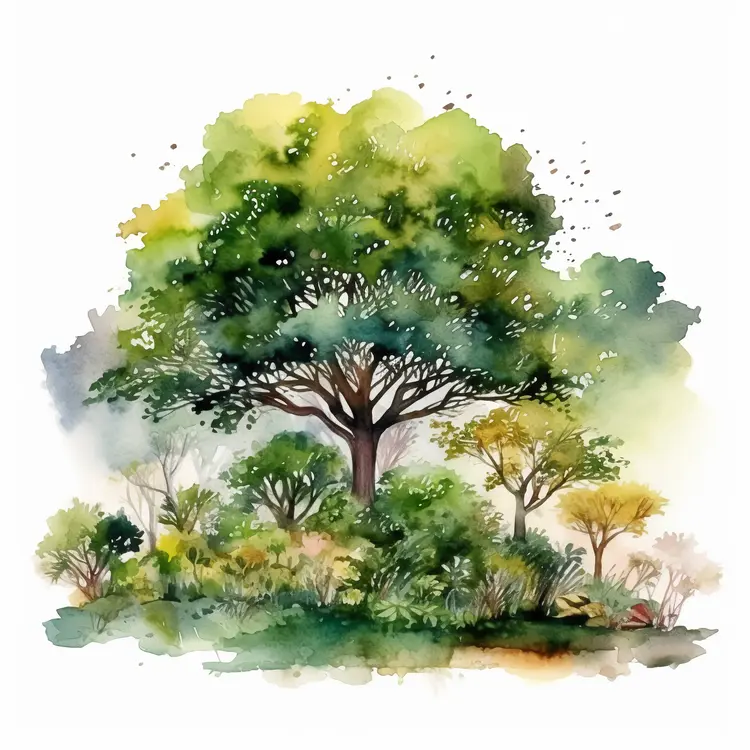Beautiful Green Tree in Watercolor Style