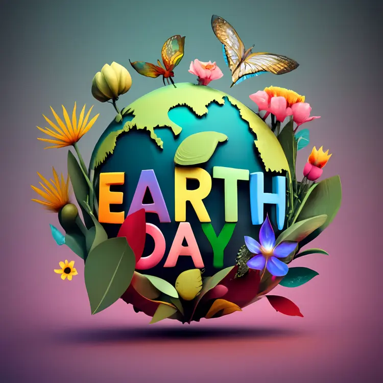Earth Day Globe with Butterflies and Flowers