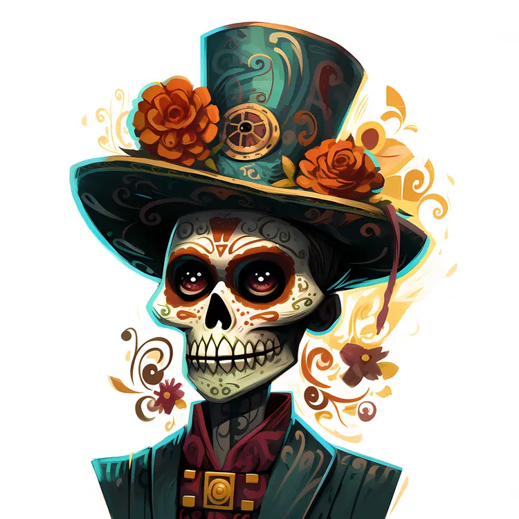 Skeleton Man with Top Hat and Flowers