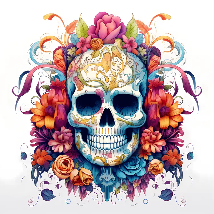 Ornate Skull with Floral Decorations for Day of the Dead