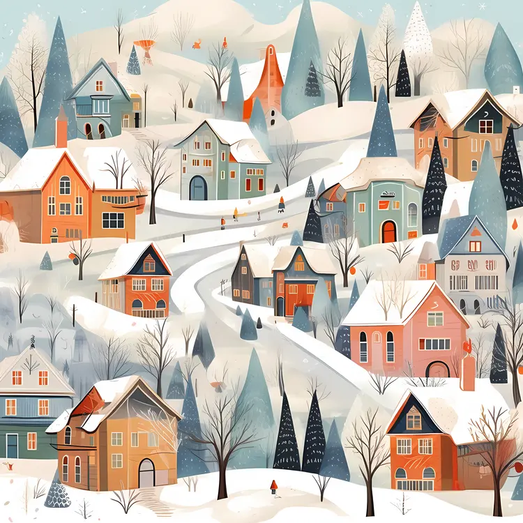 Snowy Houses in Winter Village