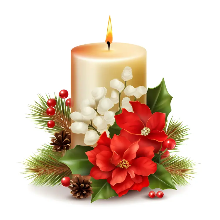 White Candle with Poinsettia and Holly Leaves