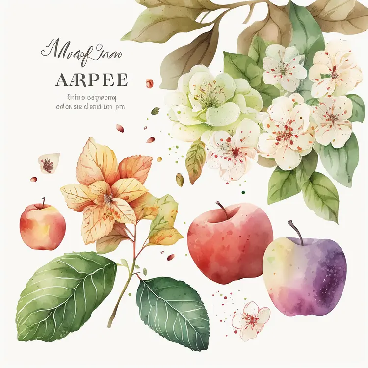 Watercolor Apples and Flowers Botanical Illustration
