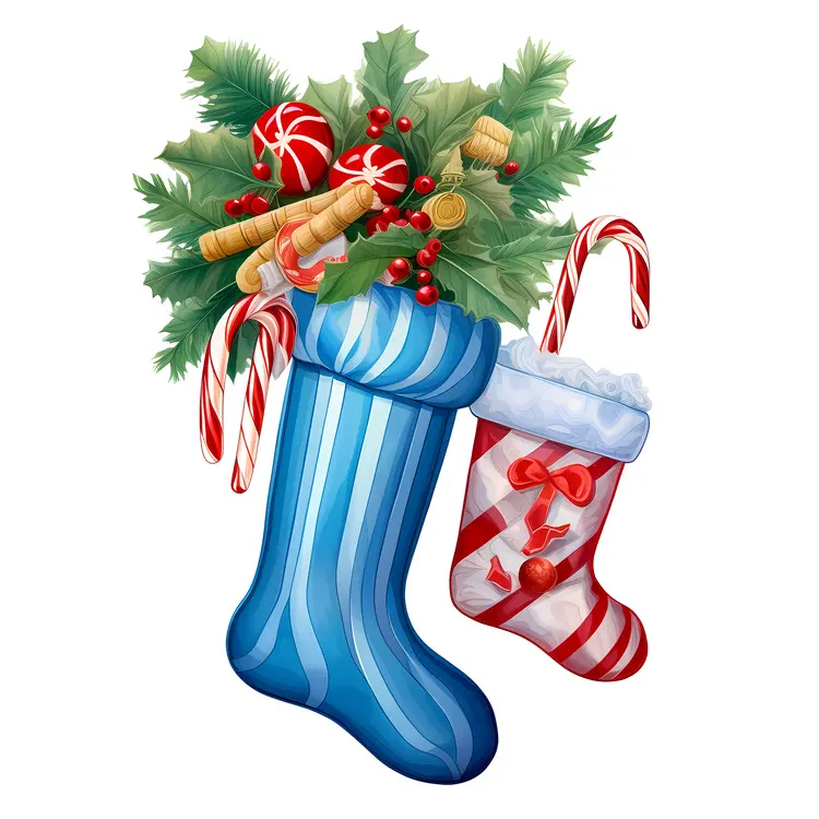 Blue and Red Christmas Stockings with Candy Cane and Holly Leaves
