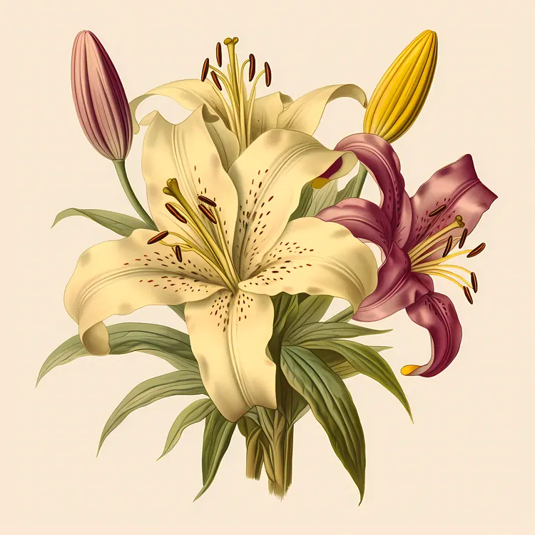 Vintage Bouquet of Yellow and Pink Lilies