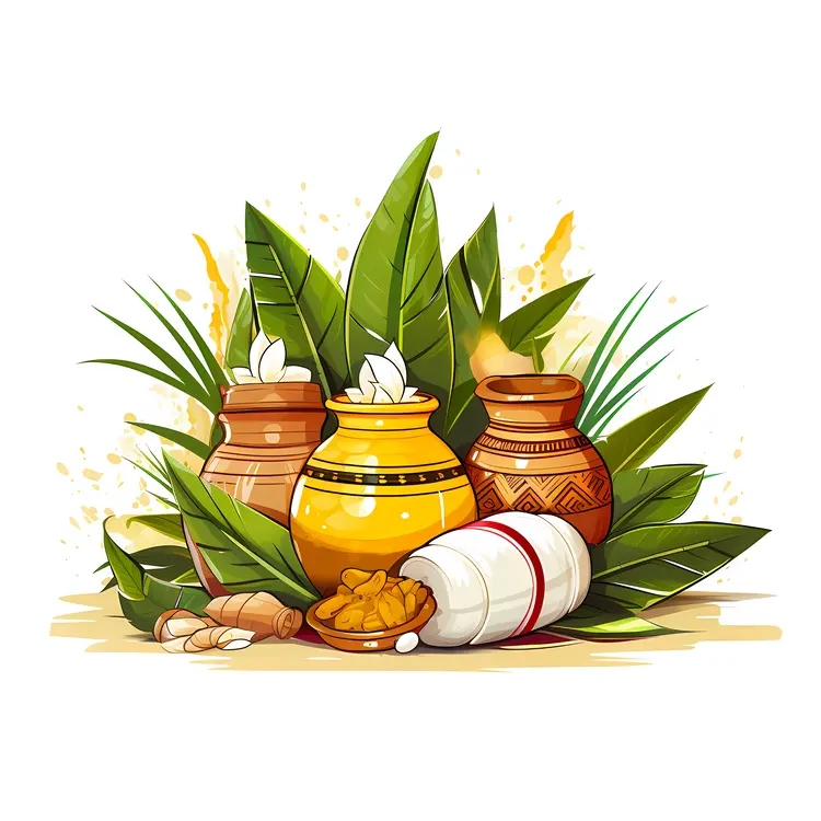 Traditional Clay Pots with Spices and Leaves