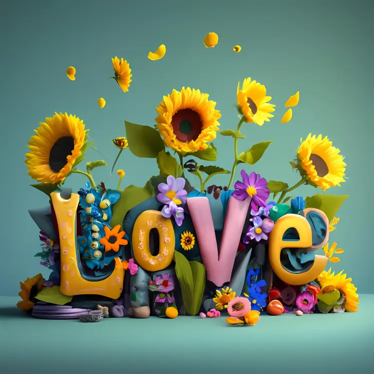 Love Text with Sunflowers and Flowers