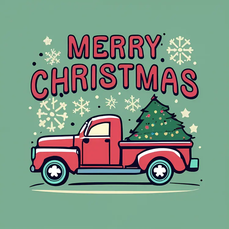 Red Truck with Christmas Tree and Snowflakes