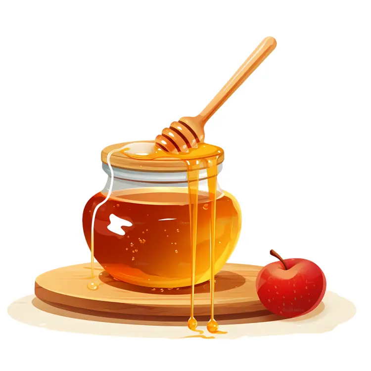 Honey Jar and Small Red Apple on Wooden Plate