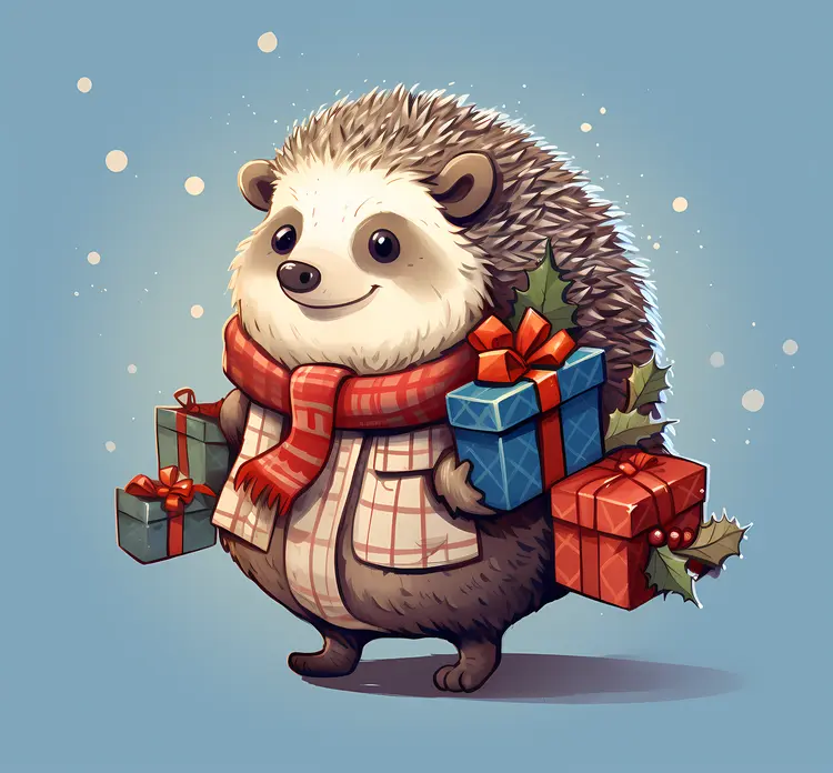Hedgehog with Christmas Gifts and Scarf