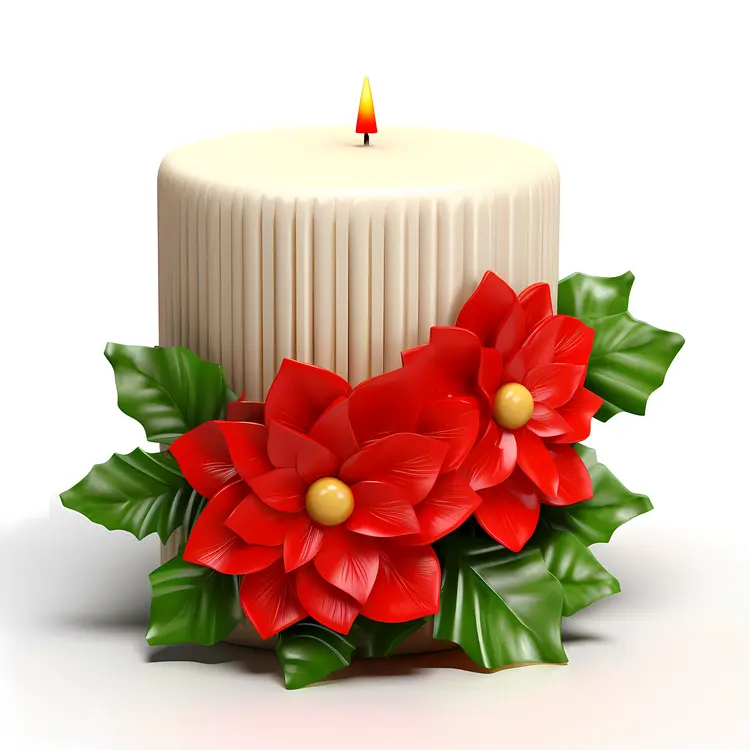 Single Candle with Two Red Festive Flowers