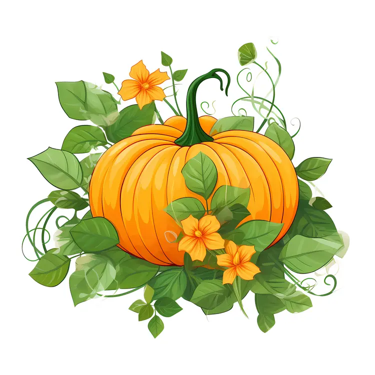 Orange Pumpkin with Leaves and Flowers