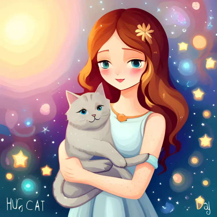 Girl Hugging Cat Under Starry Night Sky