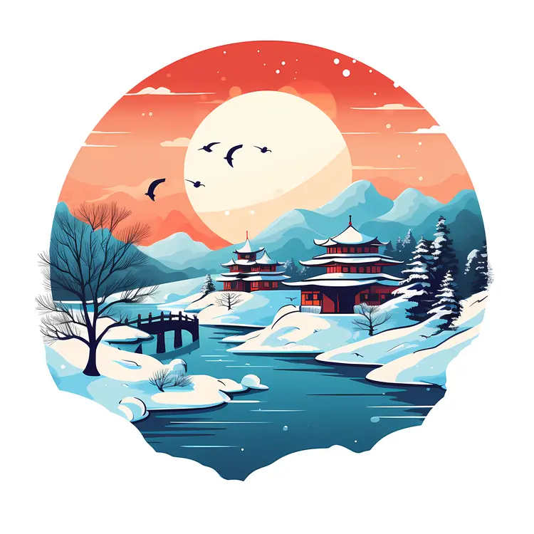Japanese Houses in Snowy Sunset Landscape