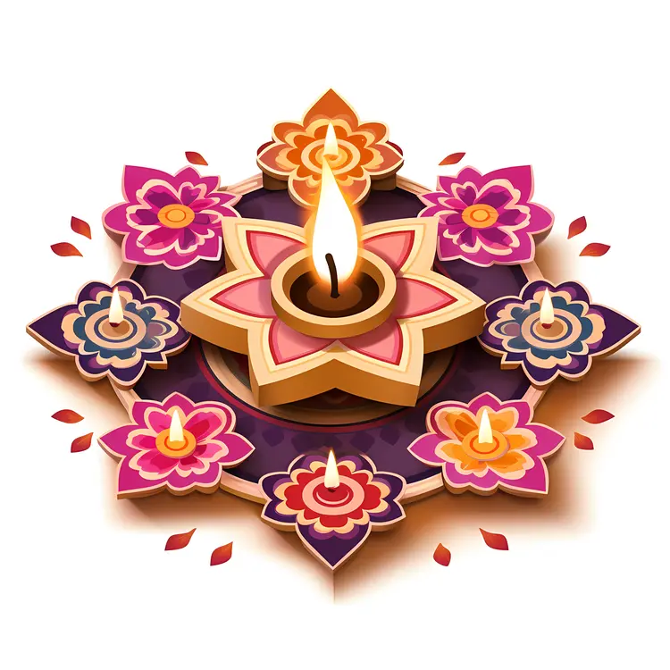 Colorful Diya with Rangoli and Flowers for Diwali