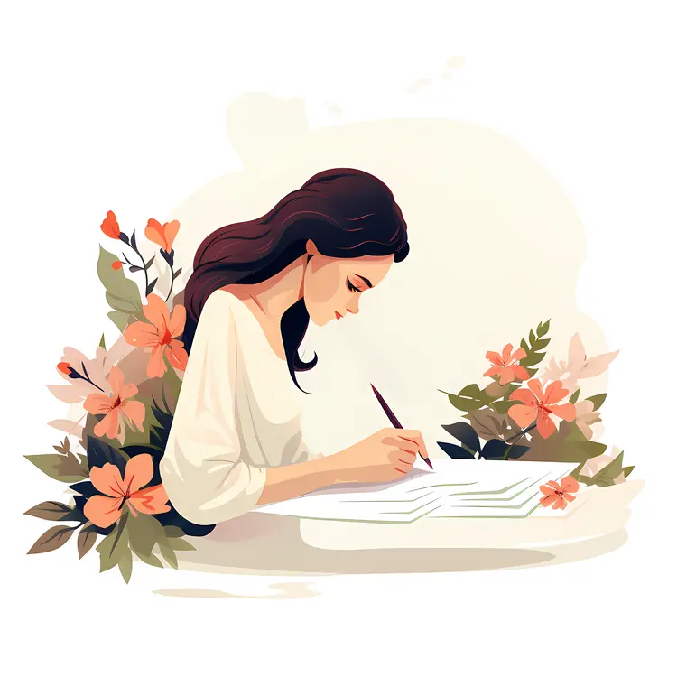 Woman Writing with Floral Background