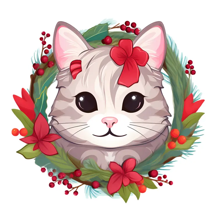 Cat with Christmas Wreath Illustration