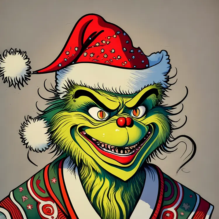 Grinch in Santa Hat with Mischievous Smile