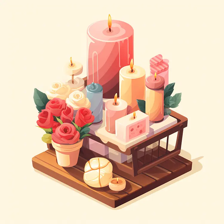 Candles and Roses on a Wooden Tray