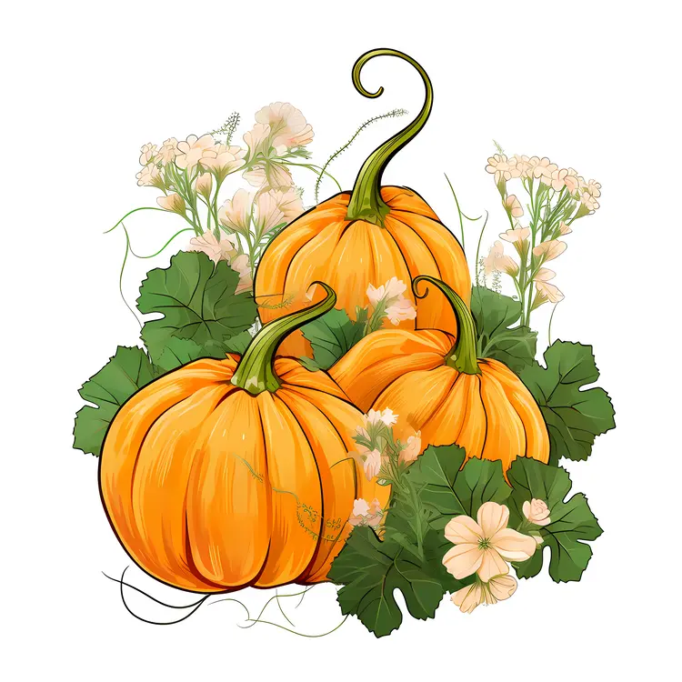 Beautiful Pumpkins with Flowers and Leaves