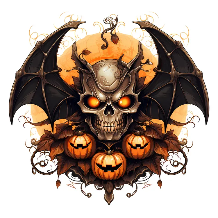 Scary Bat with Pumpkins and Skull