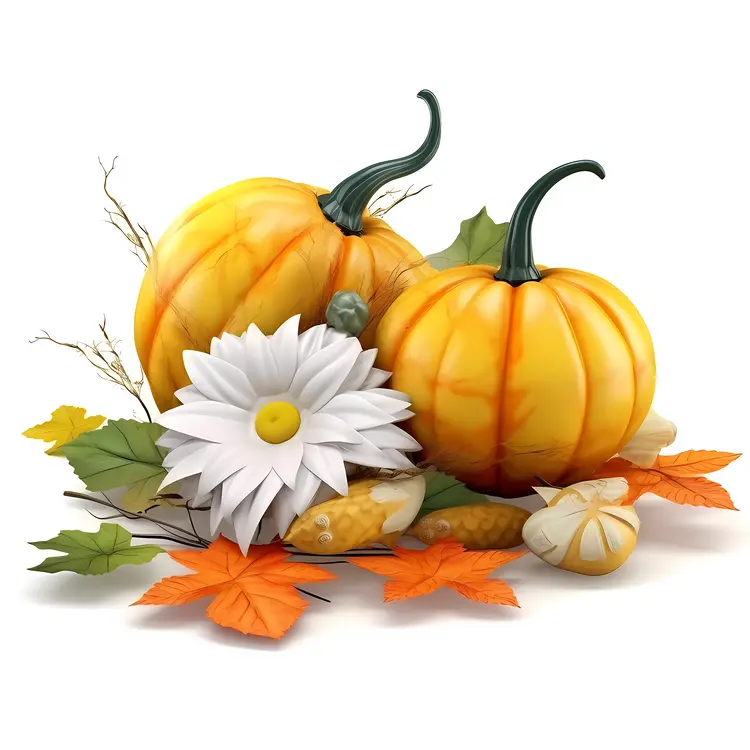 Pumpkins and Daisy with Autumn Leaves