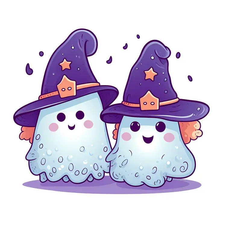Cute Cartoon Ghosts with Witch Hats for Halloween