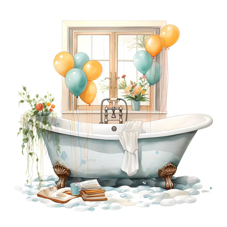 Festive Bathtub with Balloons and Books