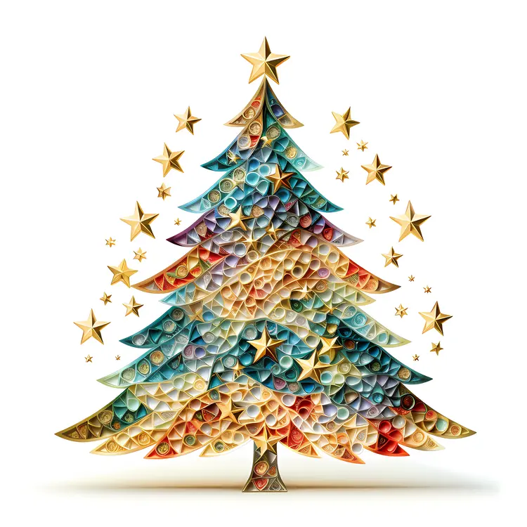 Vibrant Colorful Christmas Tree with Gold Stars