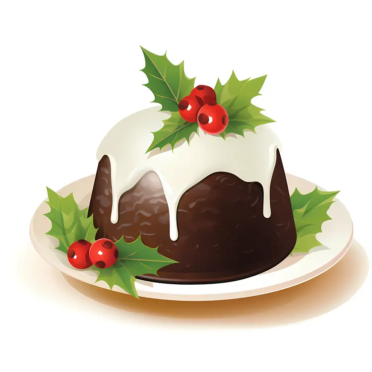 Christmas Pudding with Holly Leaves and Berries