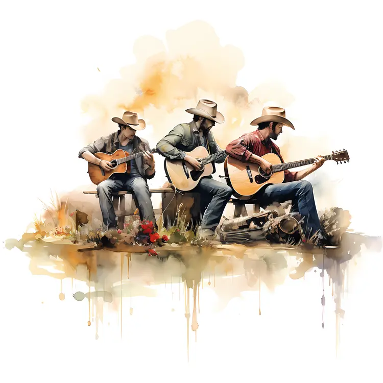 Country Guitar with Cowboys Playing in a Field