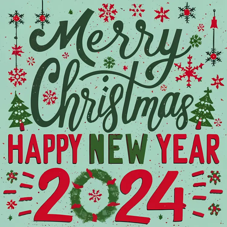 Merry Christmas and Happy New Year 2024 Greeting with Holly and Snowflakes