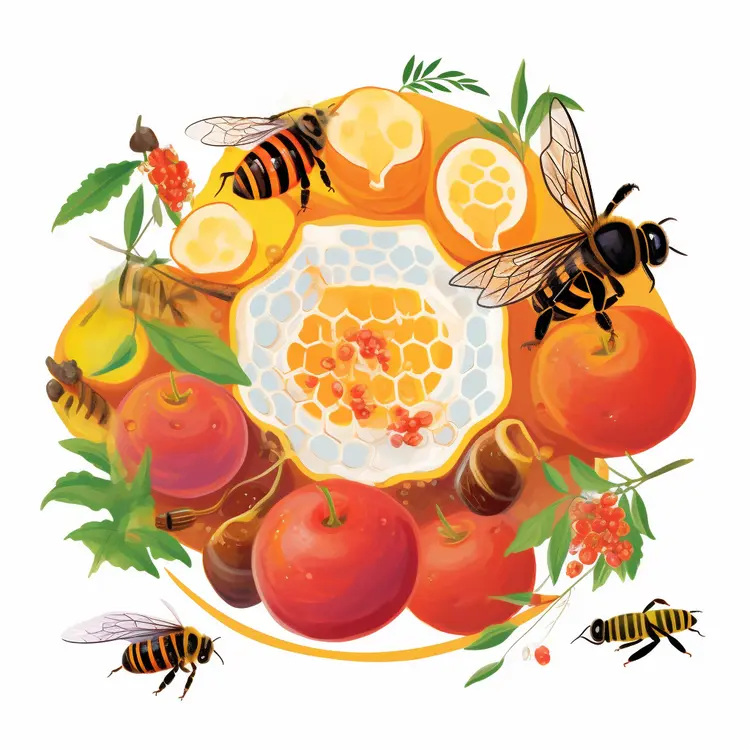 Honeycomb with Bees and Apples Illustration