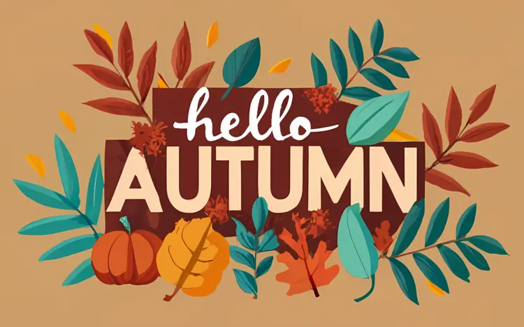 Hello Autumn Text with Colorful Leaves