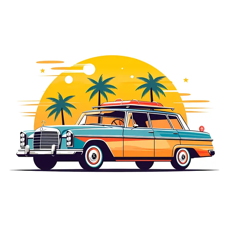 Vintage Car with Palm Trees and Sunset